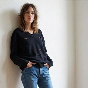 Alexa Chung Wool Sweater Womens Large‎ Black Distressed Shredded Knit Oversized